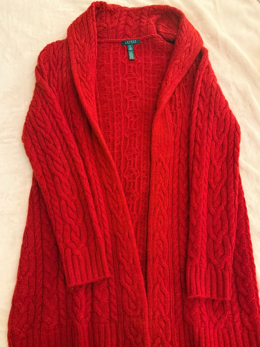 Lauren Ralph Lauren Bright Red Cable-Knit Shawl Collar Cardigan